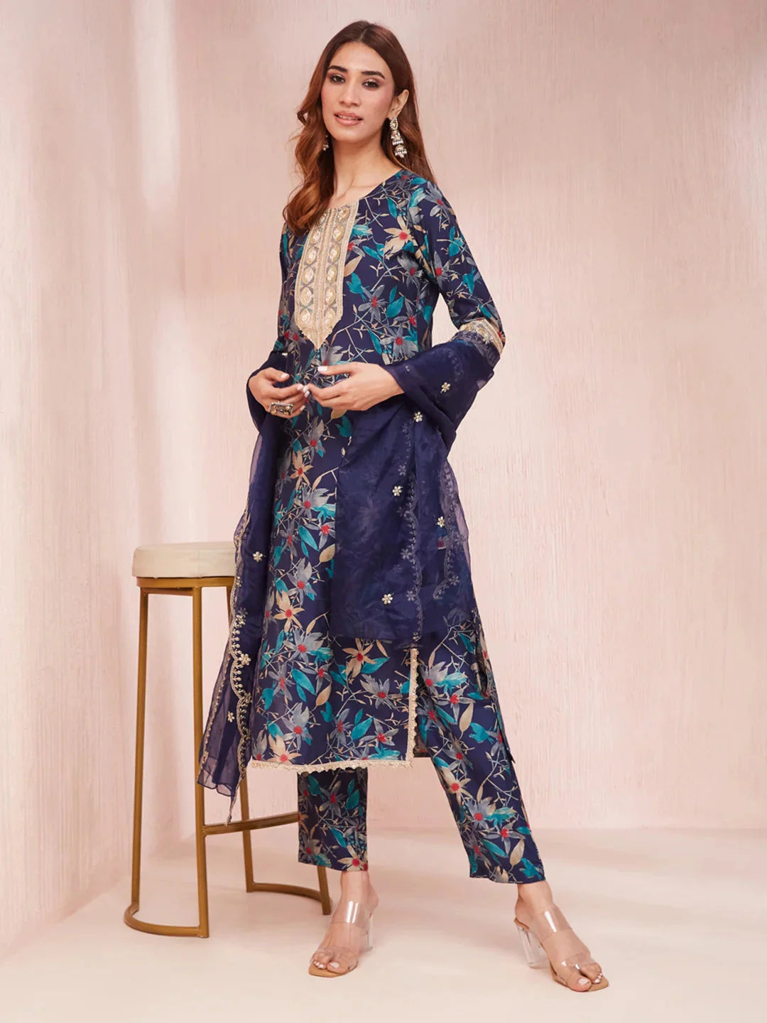 Blue-Silk-Blend-Floral-Print-Sequins-Work-3-Piece-Kurta-Set