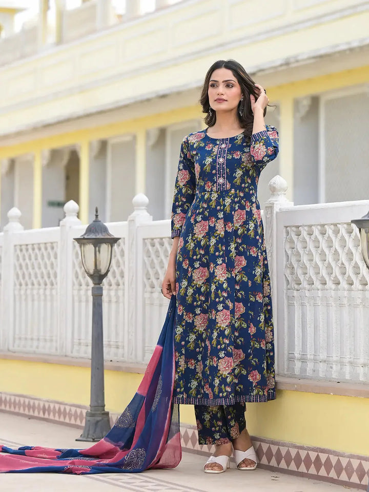 Blue-Cotton-Floral-Print-Zari-Work-Anarkali-Set