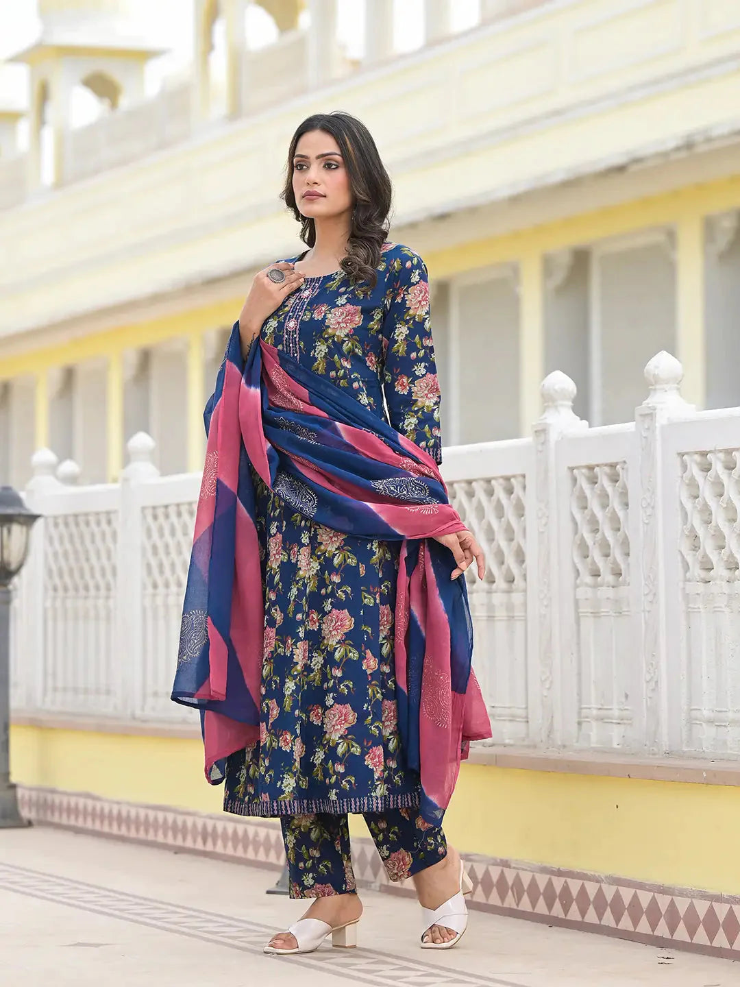 Blue-Cotton-Floral-Print-Zari-Work-Anarkali-Set