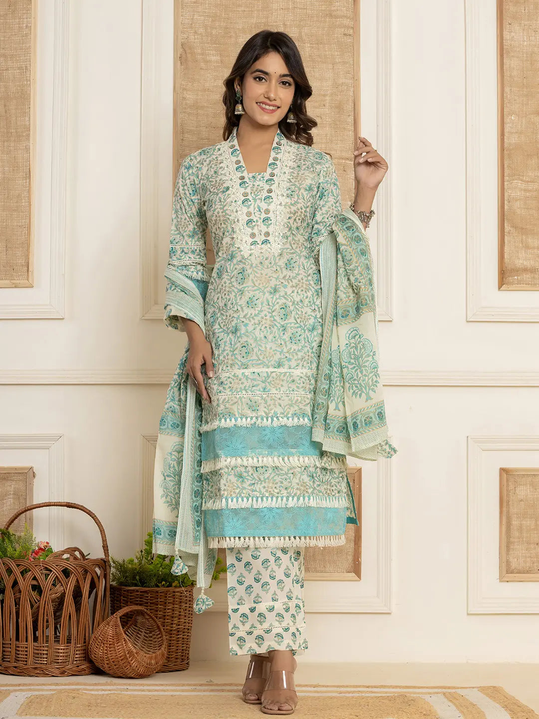 Blue-Cotton-Floral-Print-Tassel-Work-3-Piece-Kurta-Set