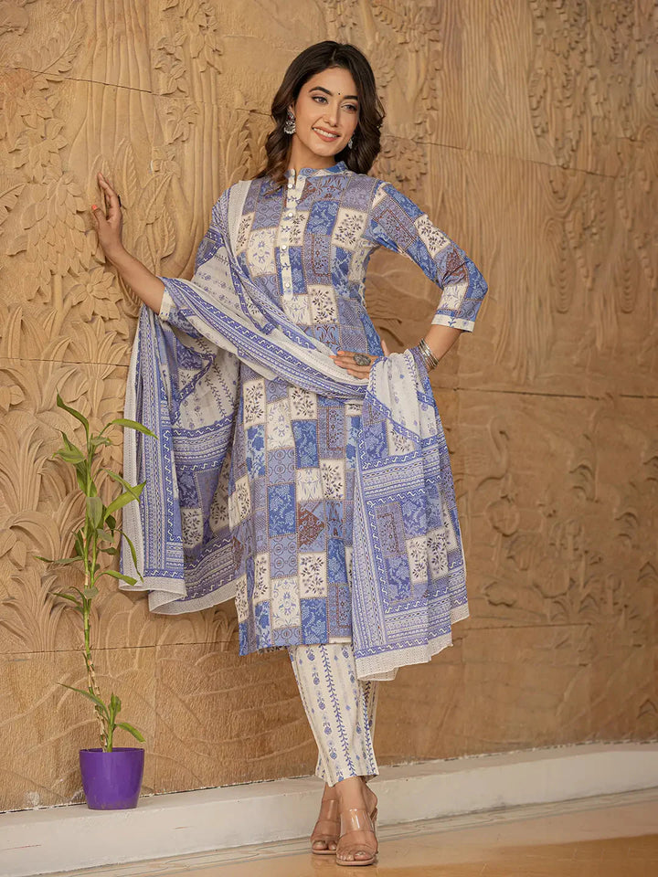 Blue-Cotton-Geometric-Print-Straight-3-Piece-Kurta-Set