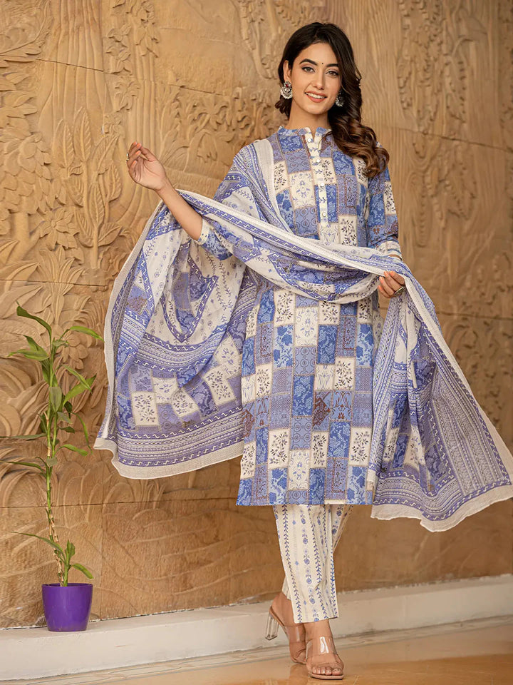 Blue-Cotton-Geometric-Print-Straight-3-Piece-Kurta-Set