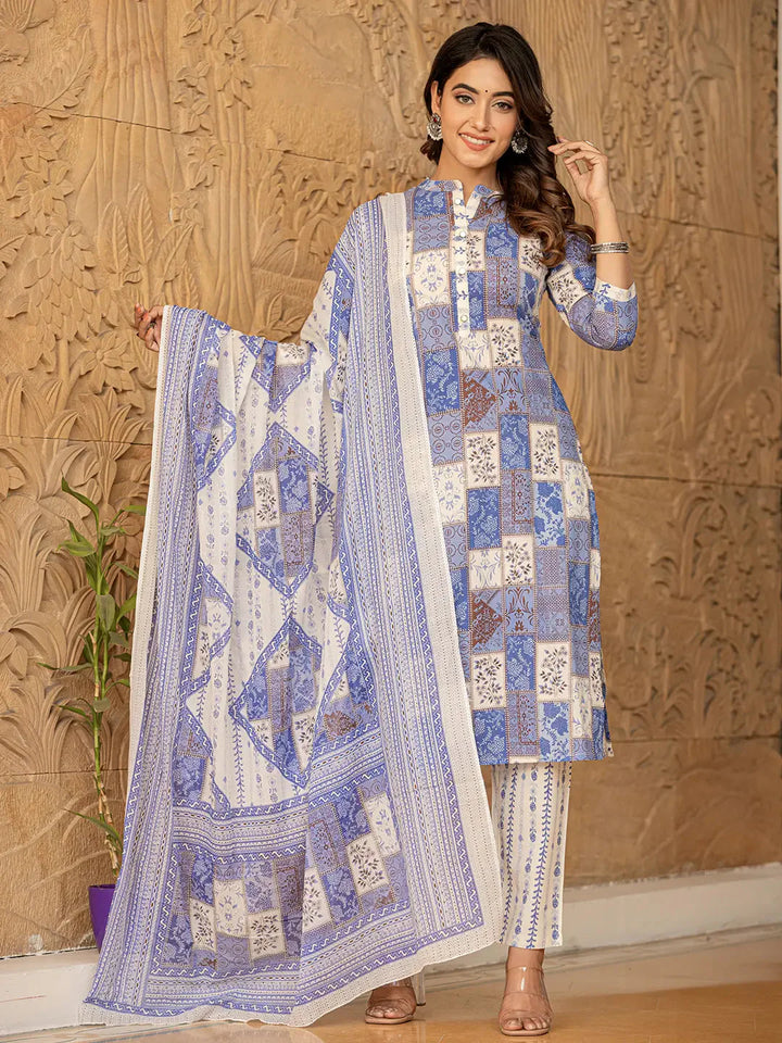 Blue-Cotton-Geometric-Print-Straight-3-Piece-Kurta-Set