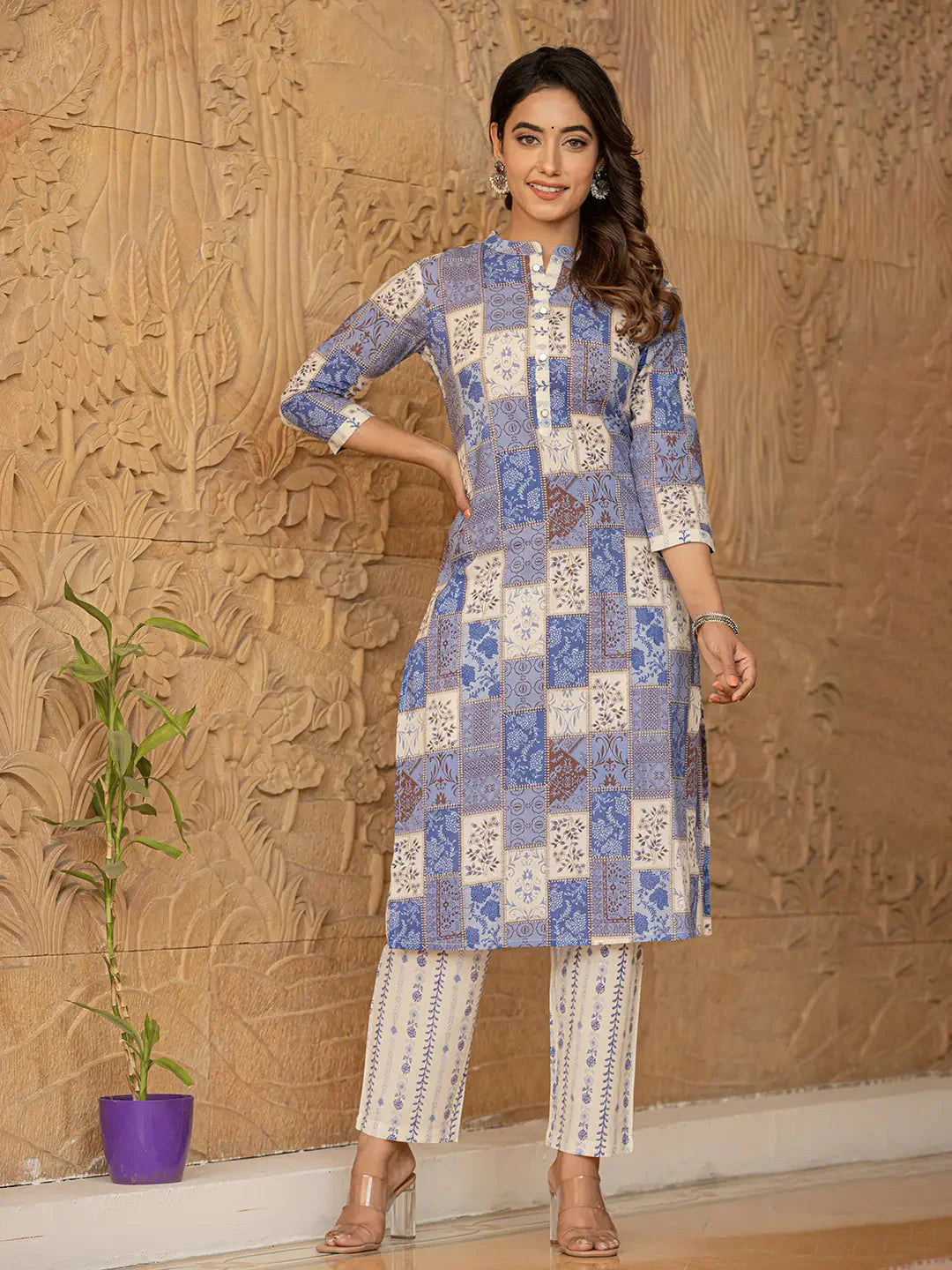 Blue-Cotton-Geometric-Print-Straight-3-Piece-Kurta-Set