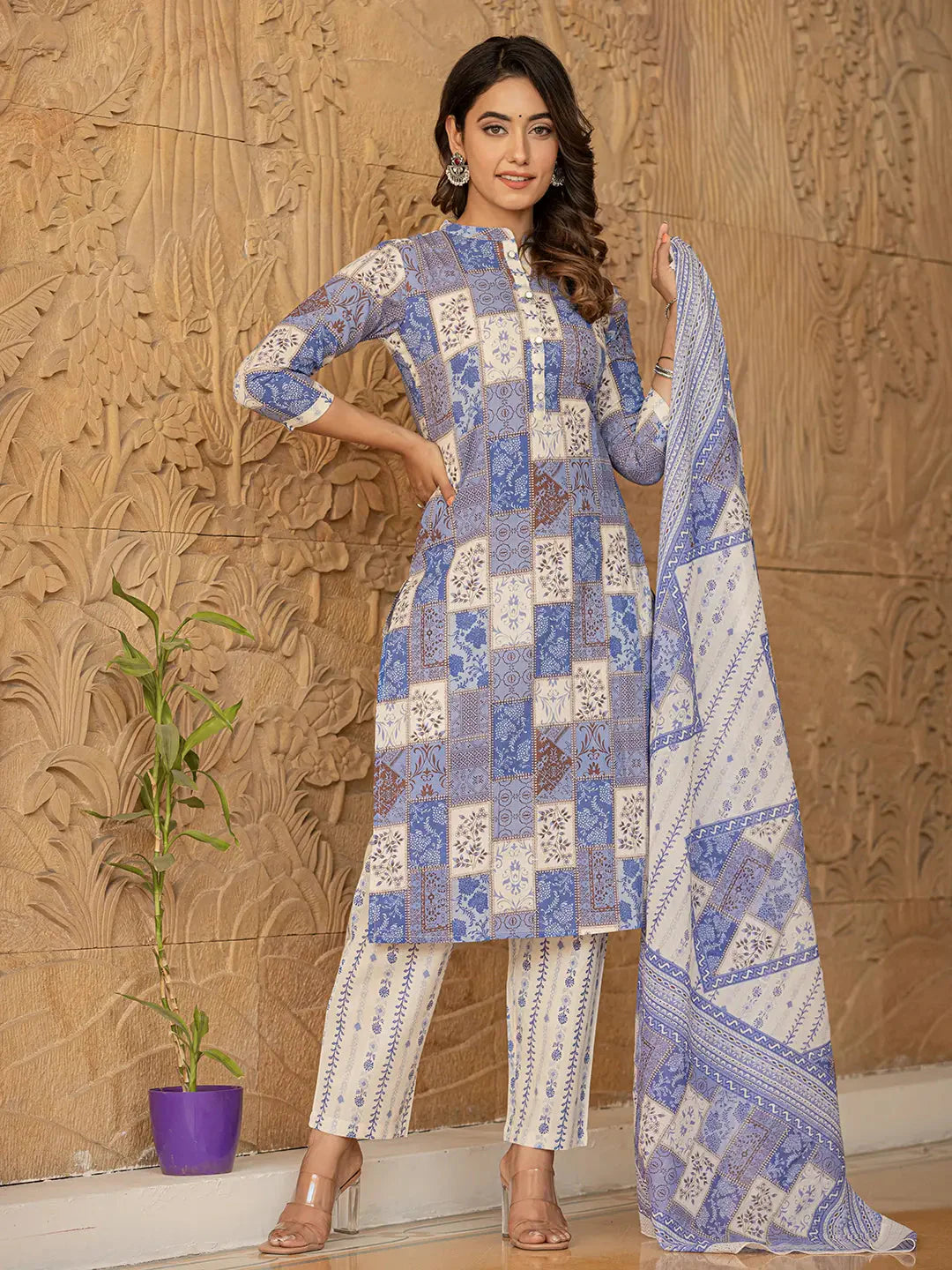 Blue-Cotton-Geometric-Print-Straight-3-Piece-Kurta-Set