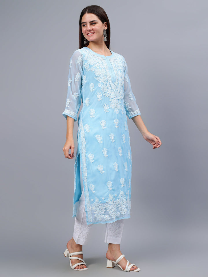 Blue-Georgette-Embroidery-Chikankari-Kurta-With-Slip