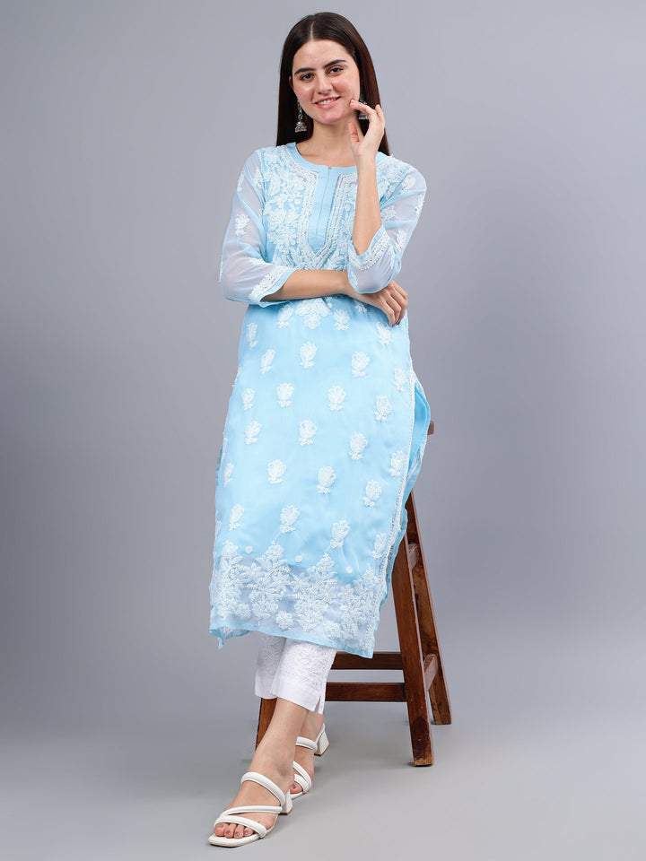 Blue-Georgette-Embroidery-Chikankari-Kurta-With-Slip