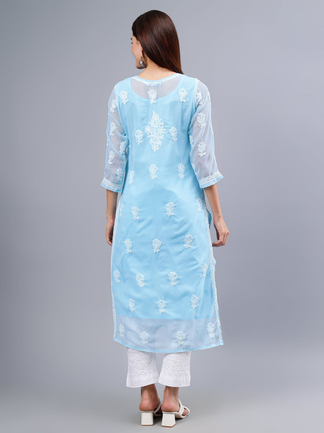 Blue-Georgette-Embroidery-Chikankari-Kurta-With-Slip