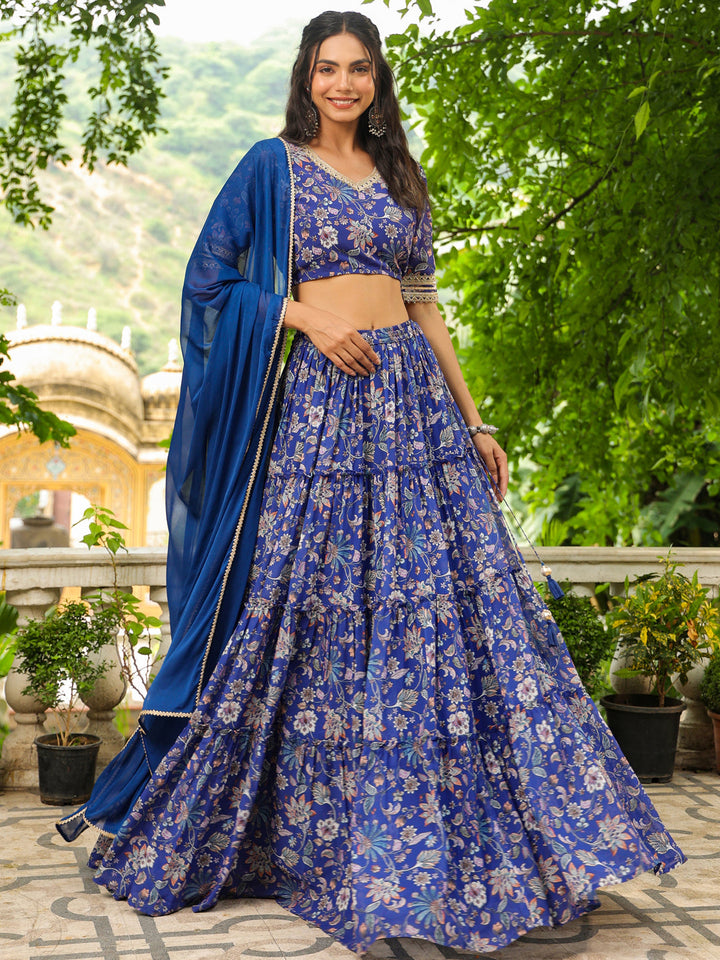 Blue-Georgette-Floral-Short-Sleeves-Lehenga-Set