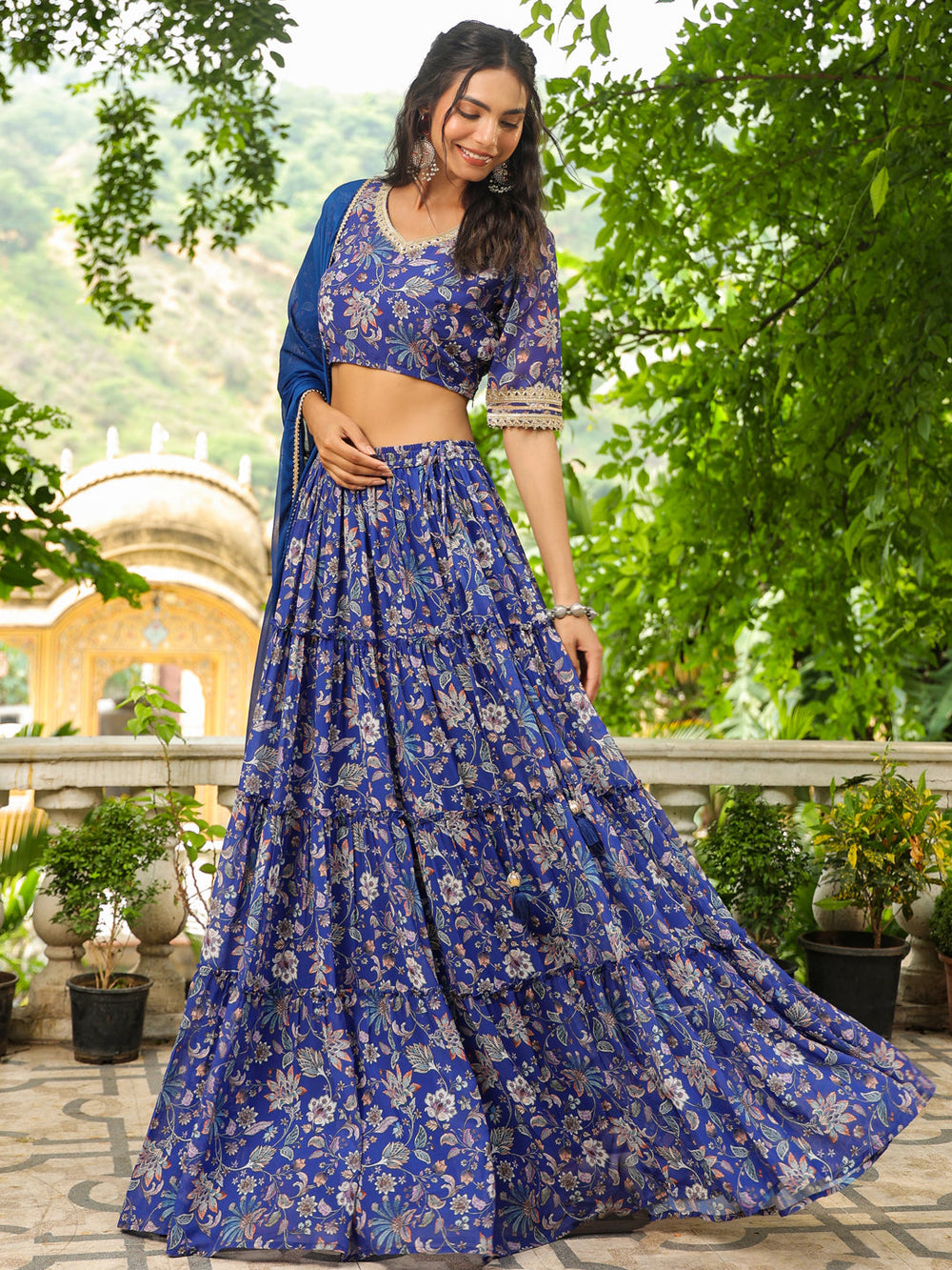 Blue-Georgette-Floral-Short-Sleeves-Lehenga-Set