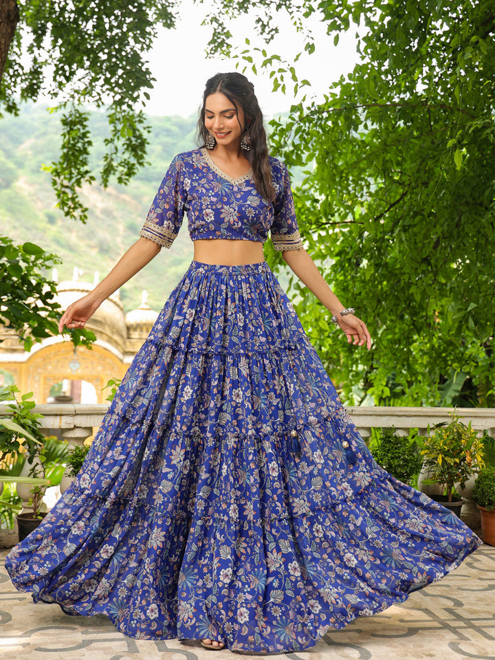 Blue-Georgette-Floral-Short-Sleeves-Lehenga-Set