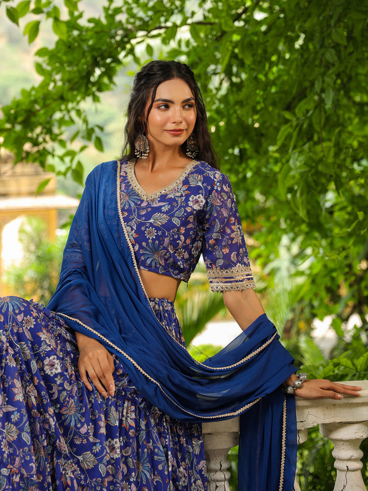 Blue-Georgette-Floral-Short-Sleeves-Lehenga-Set