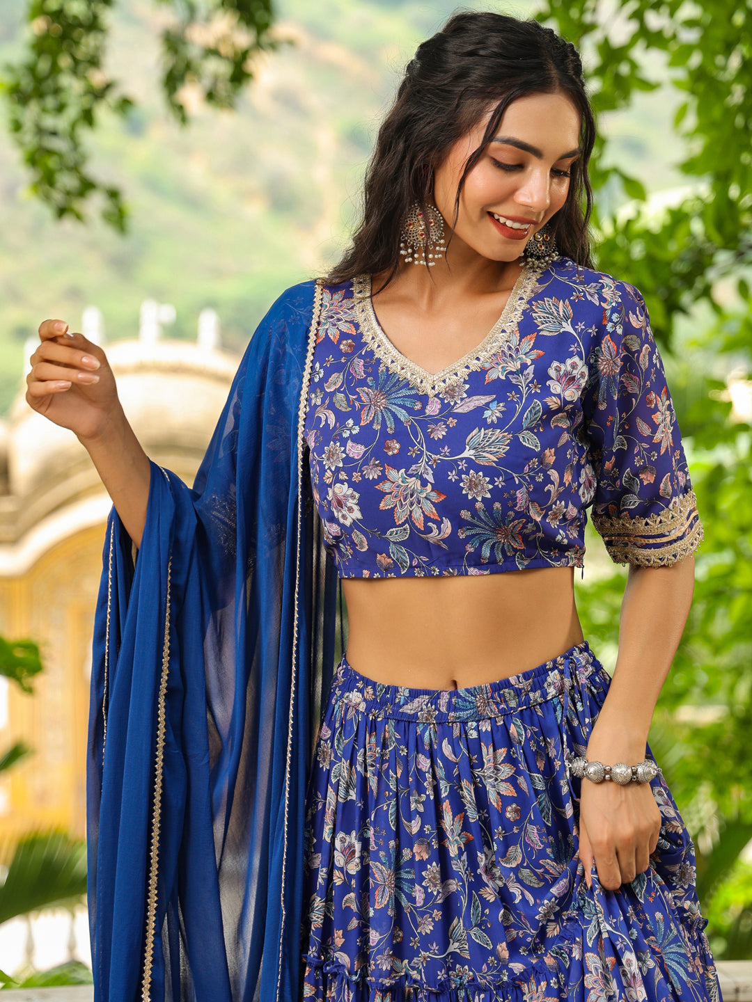 Blue-Georgette-Floral-Short-Sleeves-Lehenga-Set