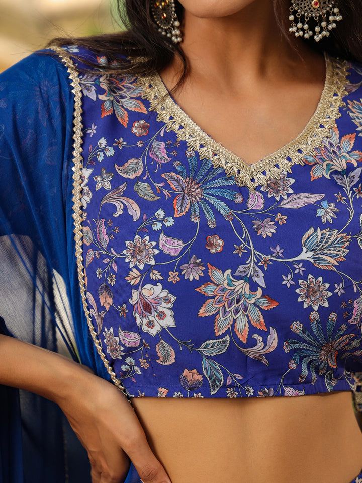 Blue-Georgette-Floral-Short-Sleeves-Lehenga-Set