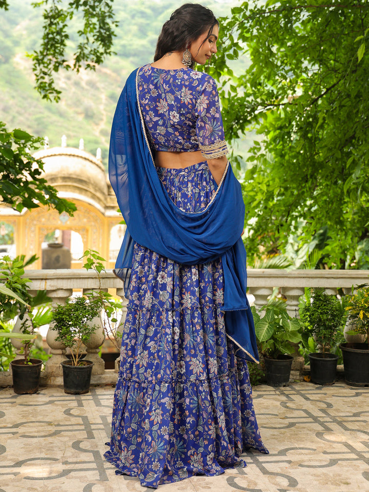 Blue-Georgette-Floral-Short-Sleeves-Lehenga-Set