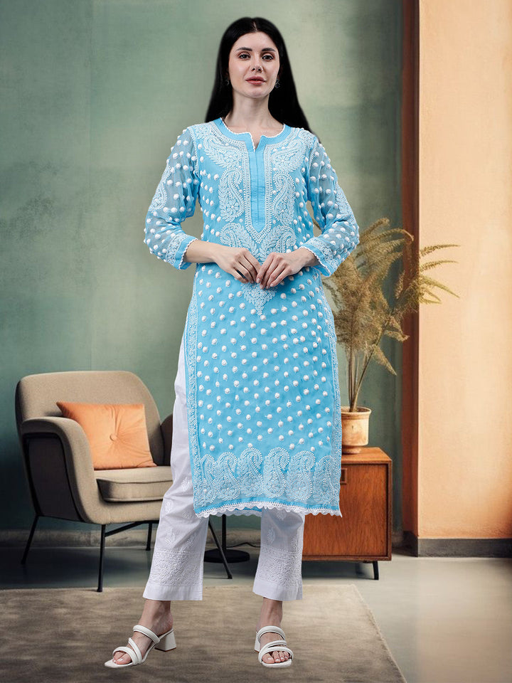 Blue-Georgette-Hand-Embroidered-Chikankari-Kurti-With-Slip