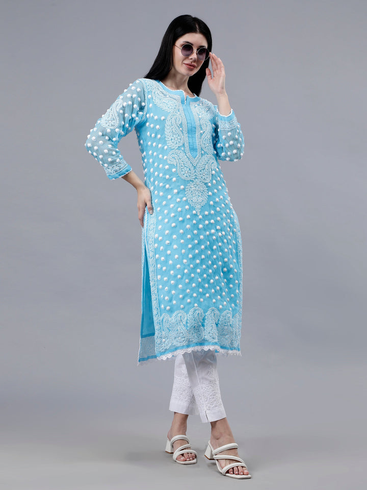 Blue-Georgette-Hand-Embroidered-Chikankari-Kurti-With-Slip