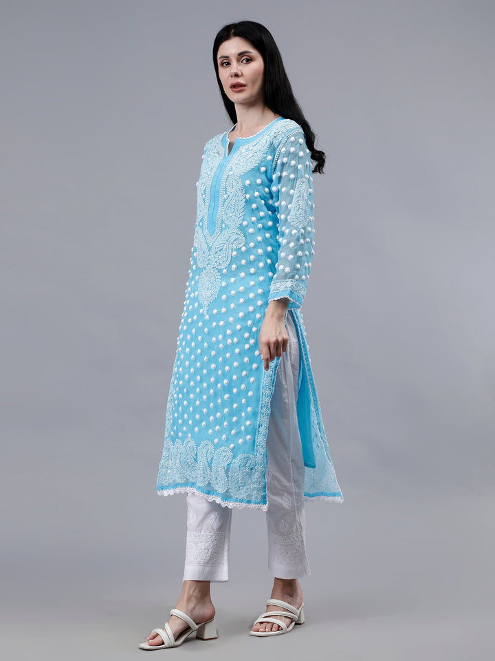 Blue-Georgette-Hand-Embroidered-Chikankari-Kurti-With-Slip