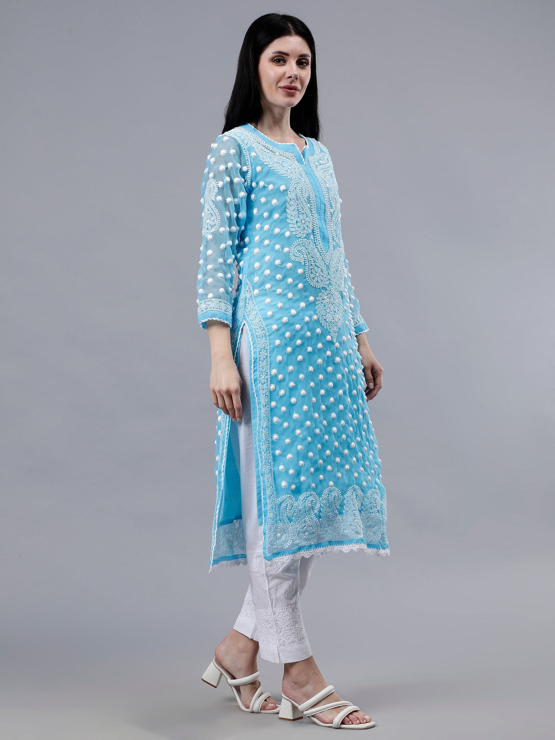 Blue-Georgette-Hand-Embroidered-Chikankari-Kurti-With-Slip