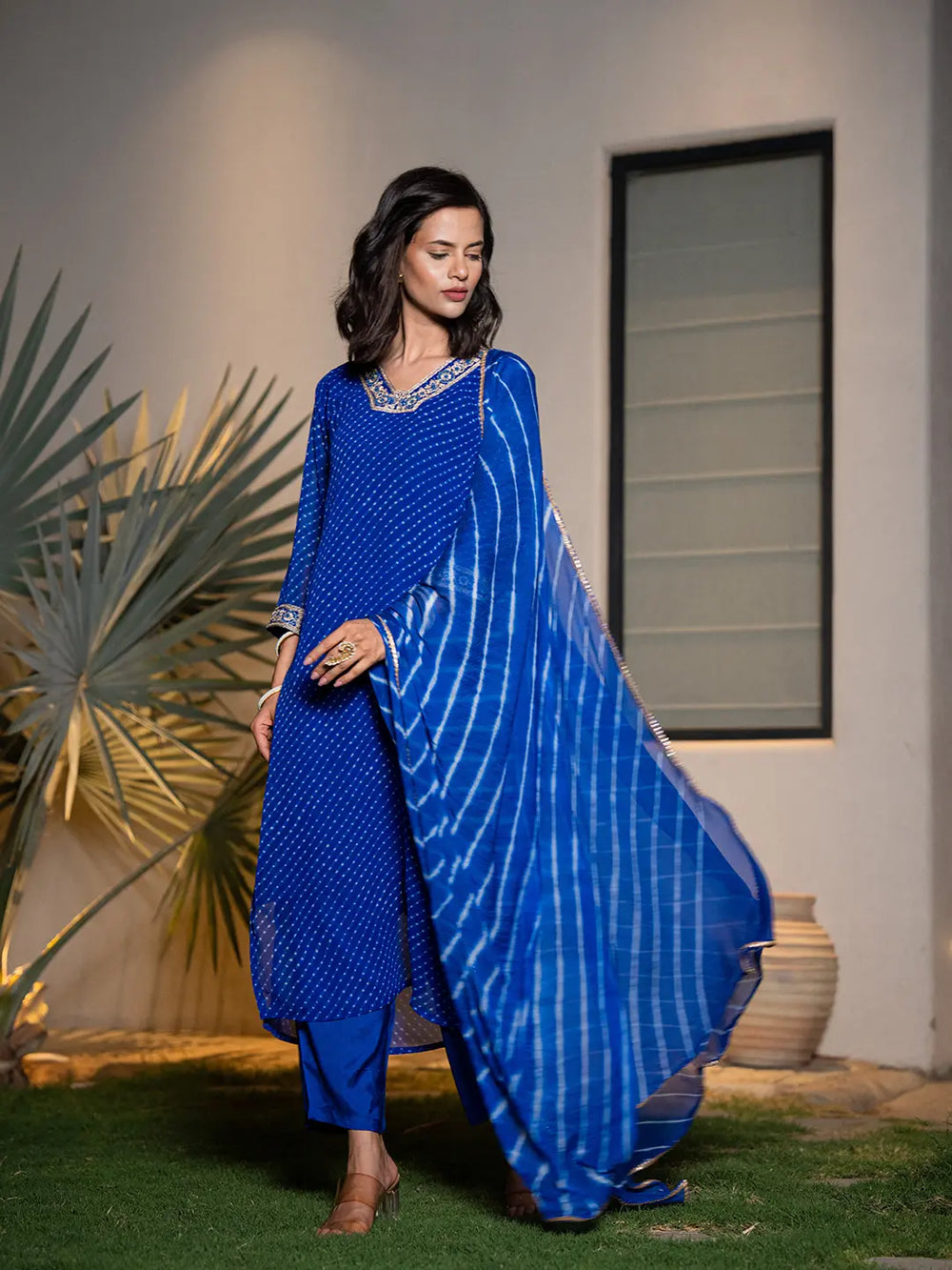 Blue-Georgette-Lehriya-Straight-3-Piece-Kurta-Set