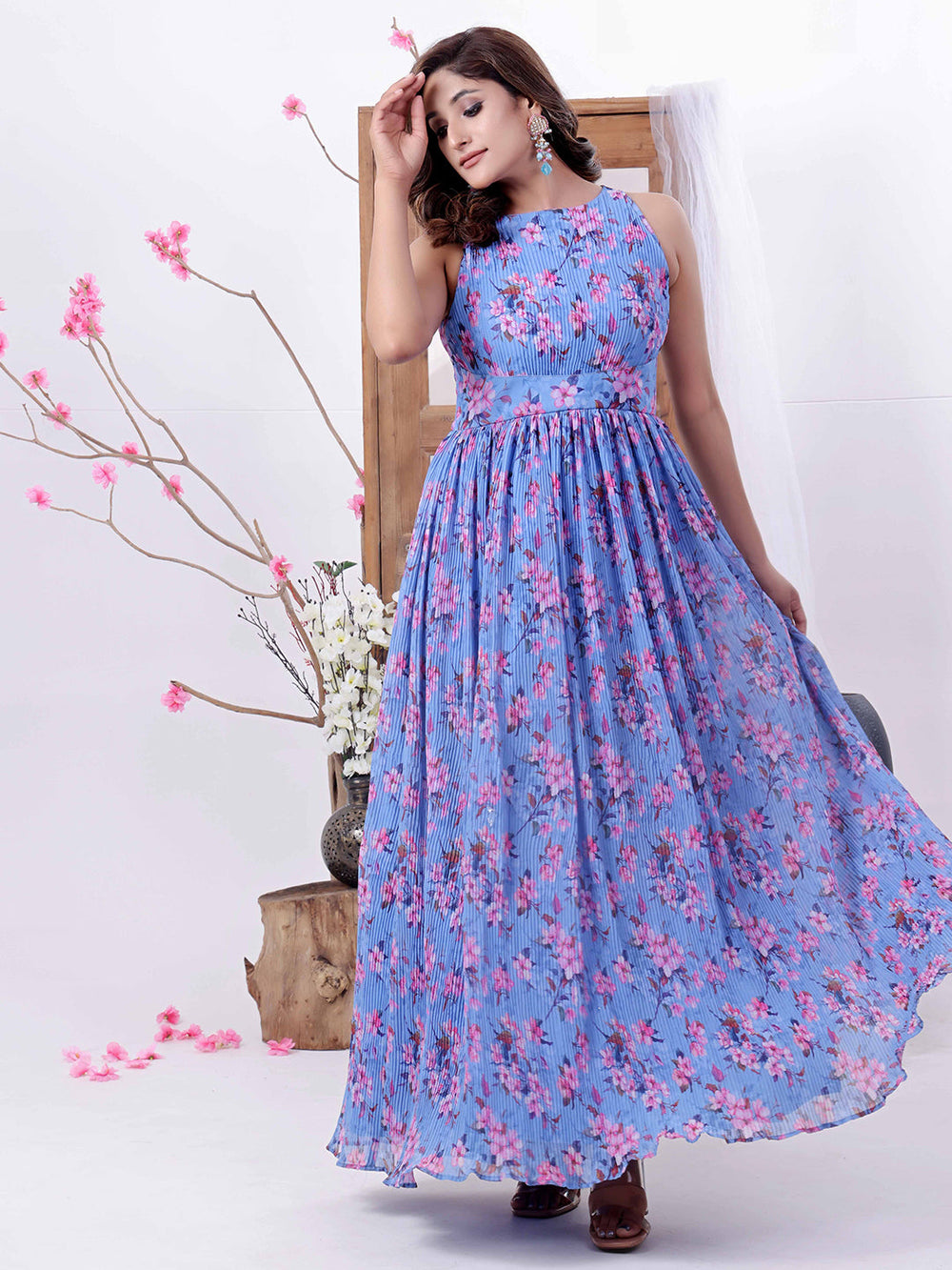 Blue-Georgette-Printed-Pleated-Dress
