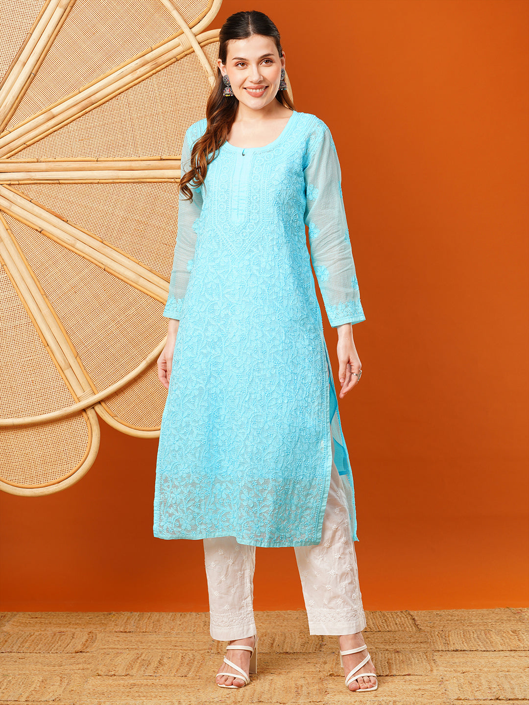 Blue-Kota-Handloom-Embroidered-Chikankari-Kurta