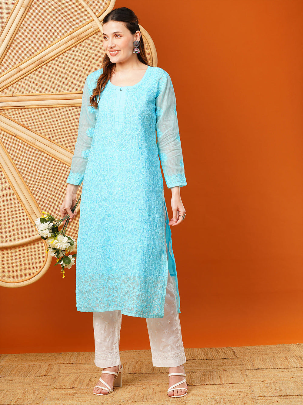 Blue-Kota-Handloom-Embroidered-Chikankari-Kurta