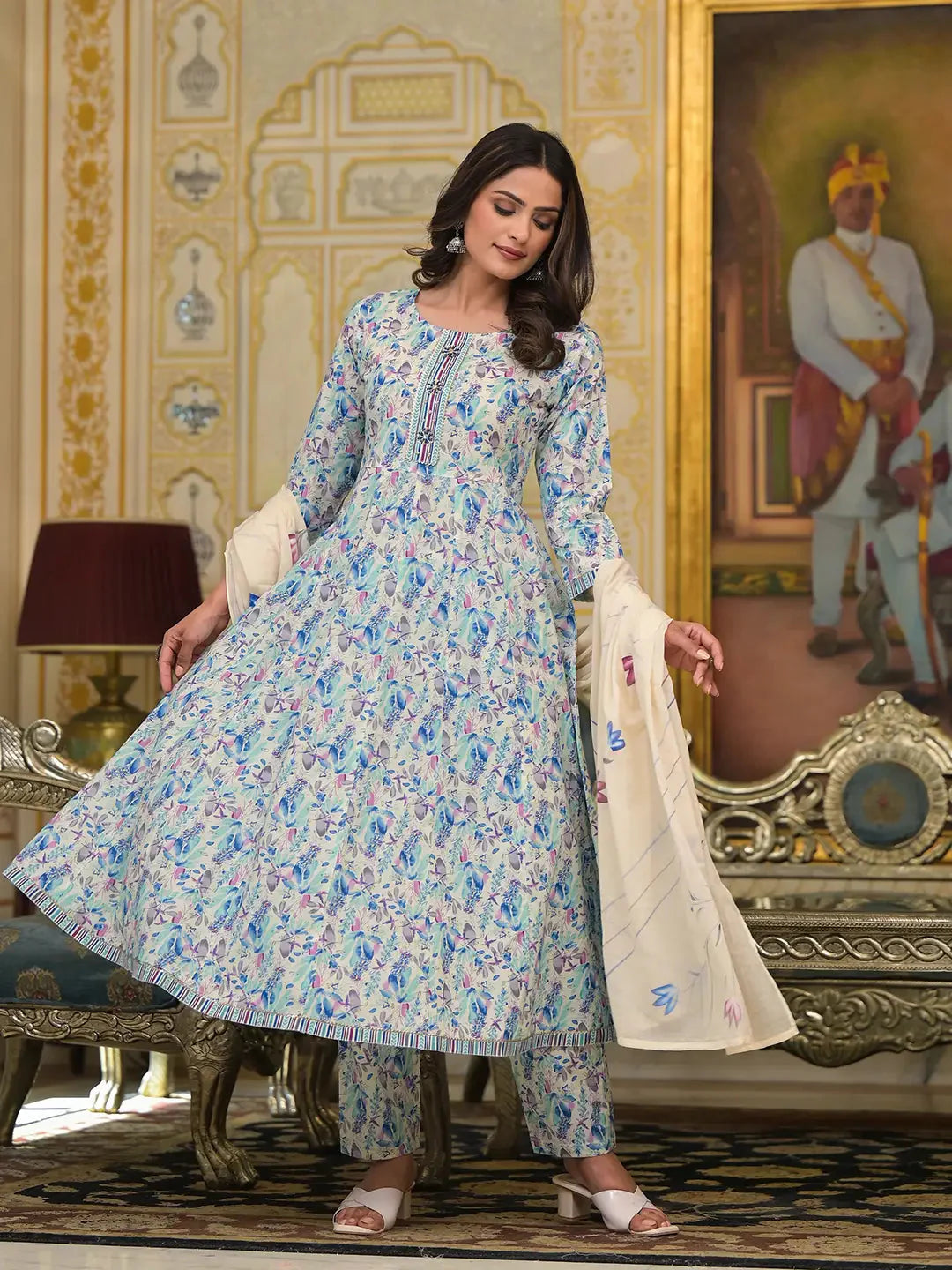 Blue-Cotton-Leaf-Print-Zari-Work-Anarkali-Set