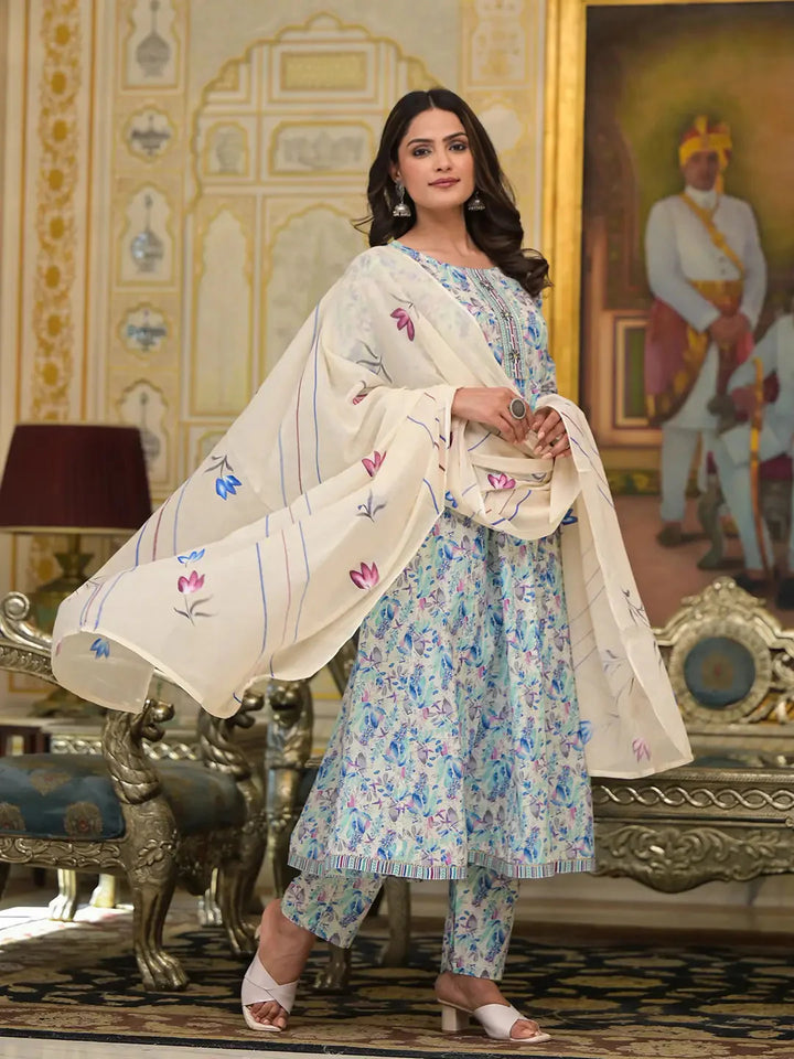 Blue-Cotton-Leaf-Print-Zari-Work-Anarkali-Set