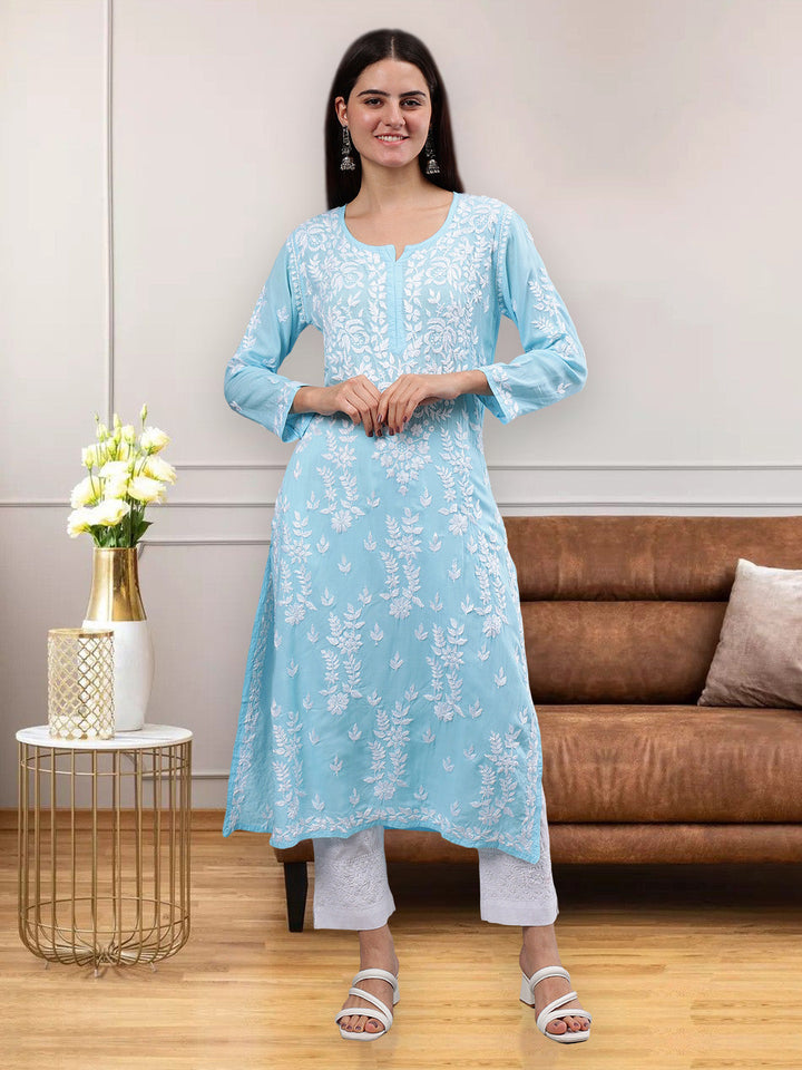 Blue-Modal-Hand-Embroidery-Chikankari-Kurti