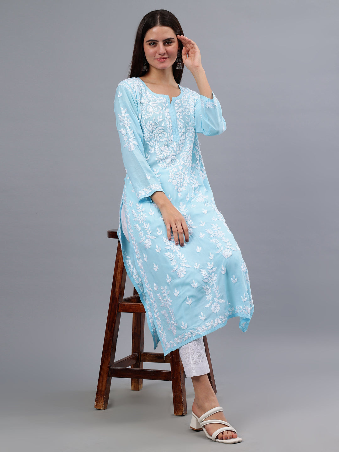 Blue-Modal-Hand-Embroidery-Chikankari-Kurti