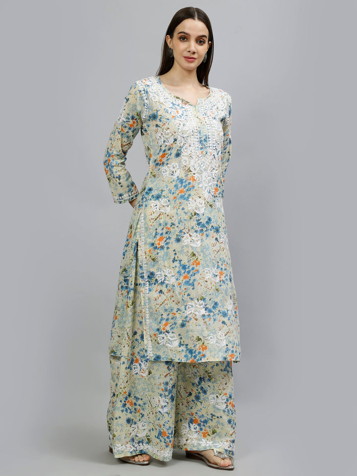 Blue-Mulmul-Embroidered-Chikankari-Kurta-With-Palazzo-Set