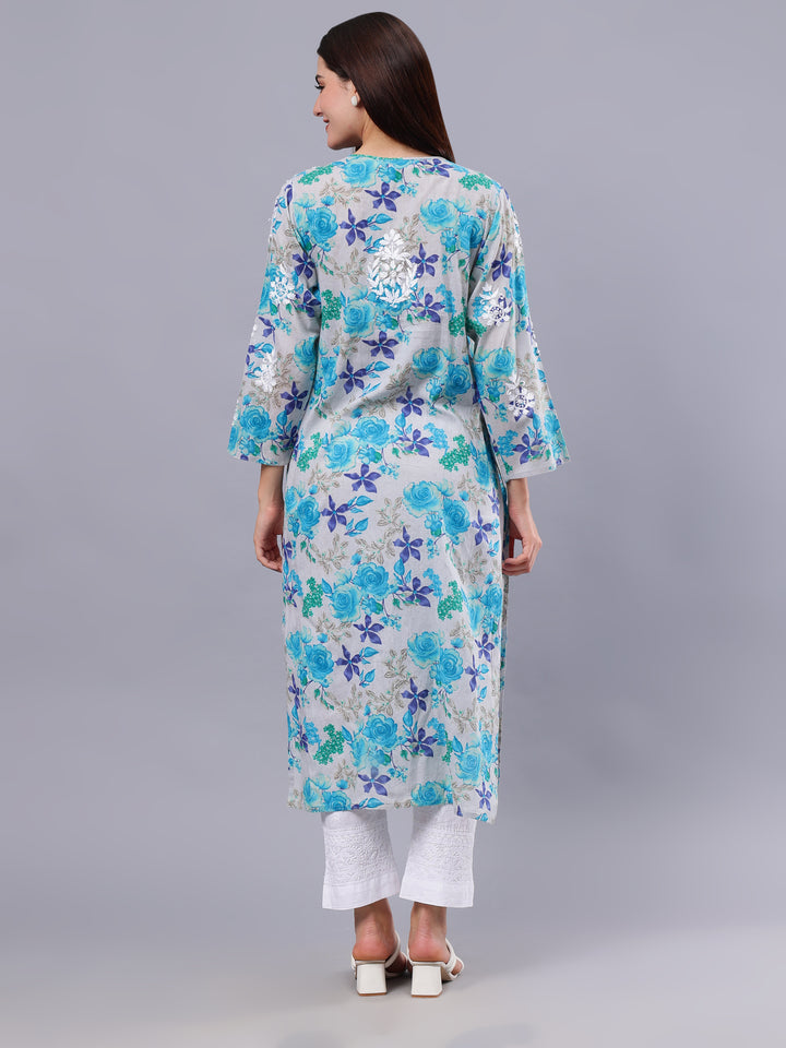 Blue Mulmul Embroidered Chikankari Kurti