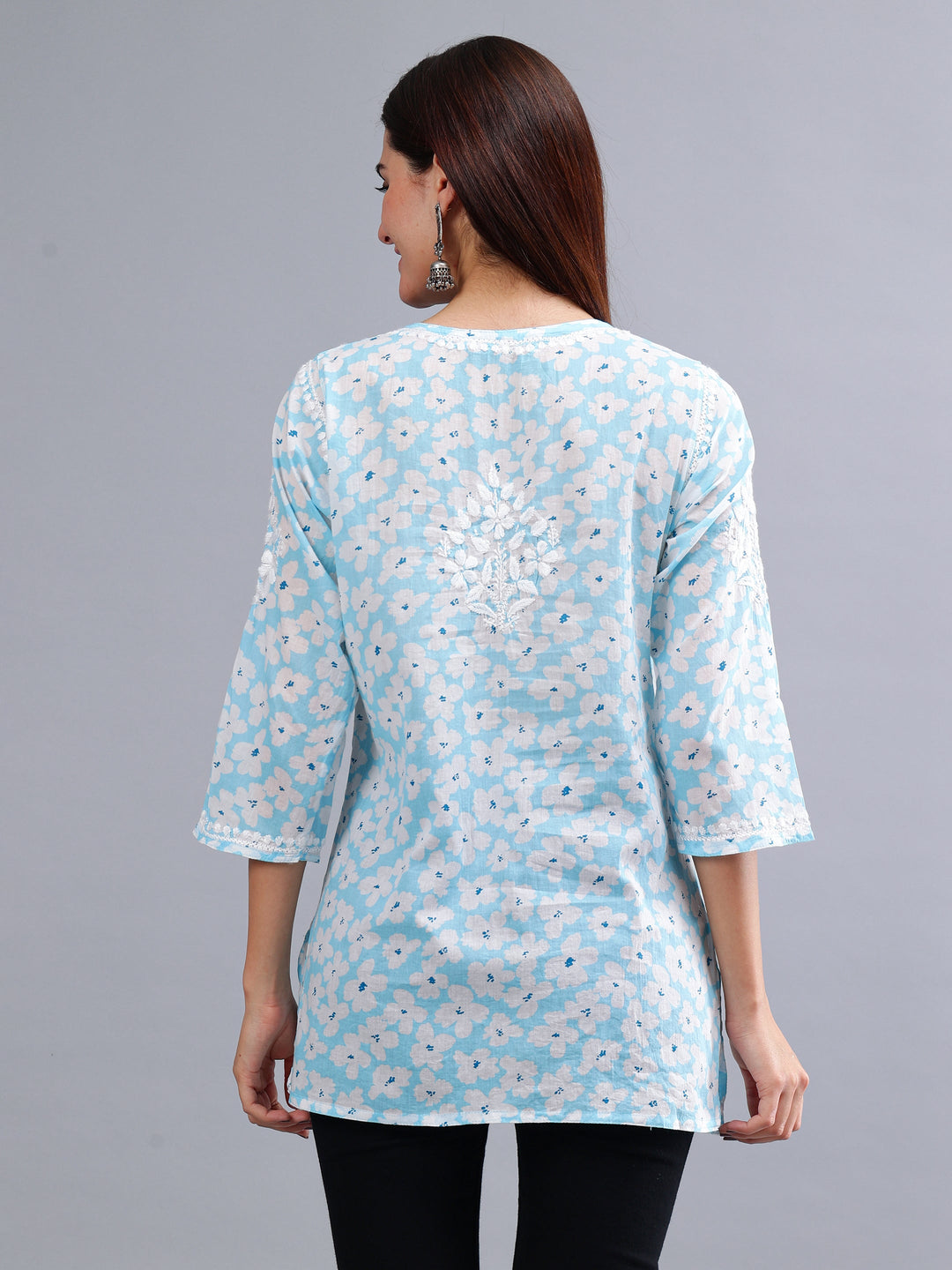 Blue-Mulmul-Embroidered-Chikankari-Short-Tunic