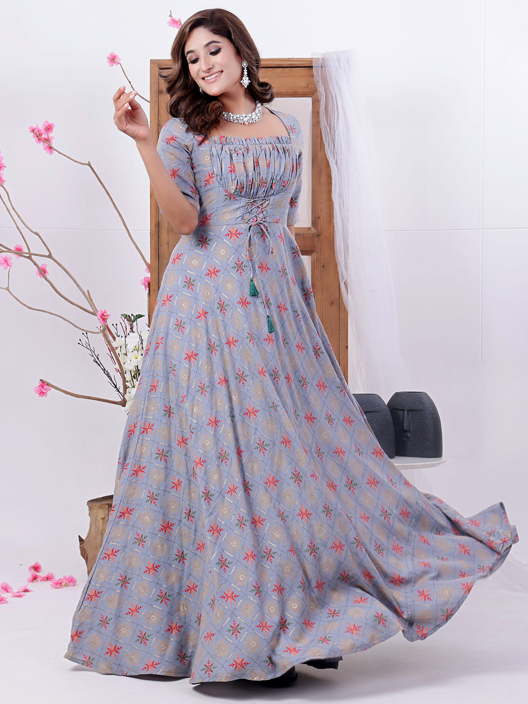 Blue-Muslin-Foil-Print-Floor-Length-Gown