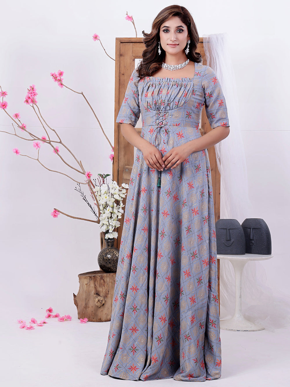 Blue-Muslin-Foil-Print-Floor-Length-Gown