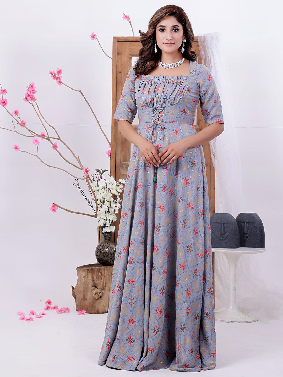 Blue-Muslin-Foil-Print-Floor-Length-Gown