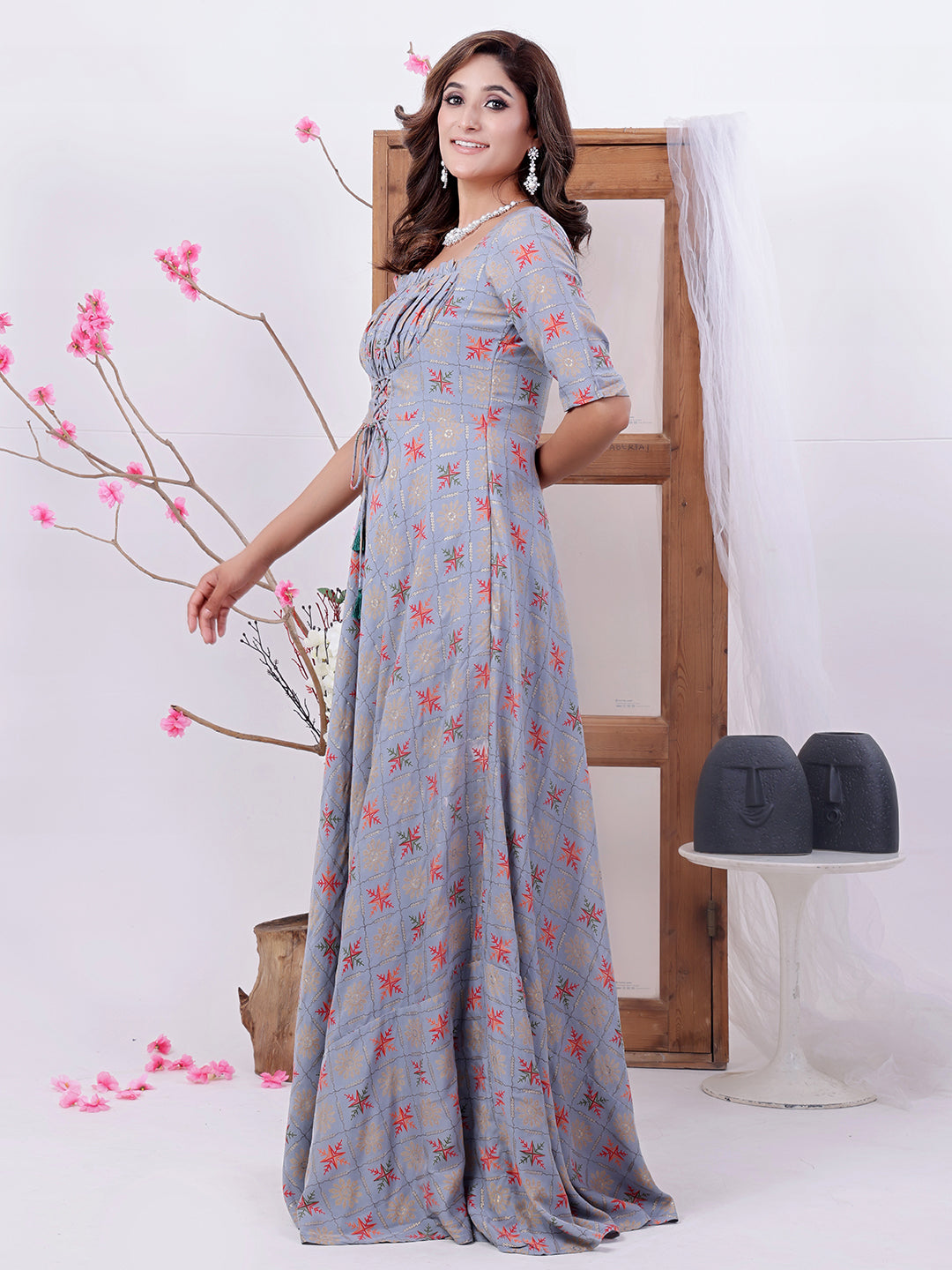 Blue-Muslin-Foil-Print-Floor-Length-Gown