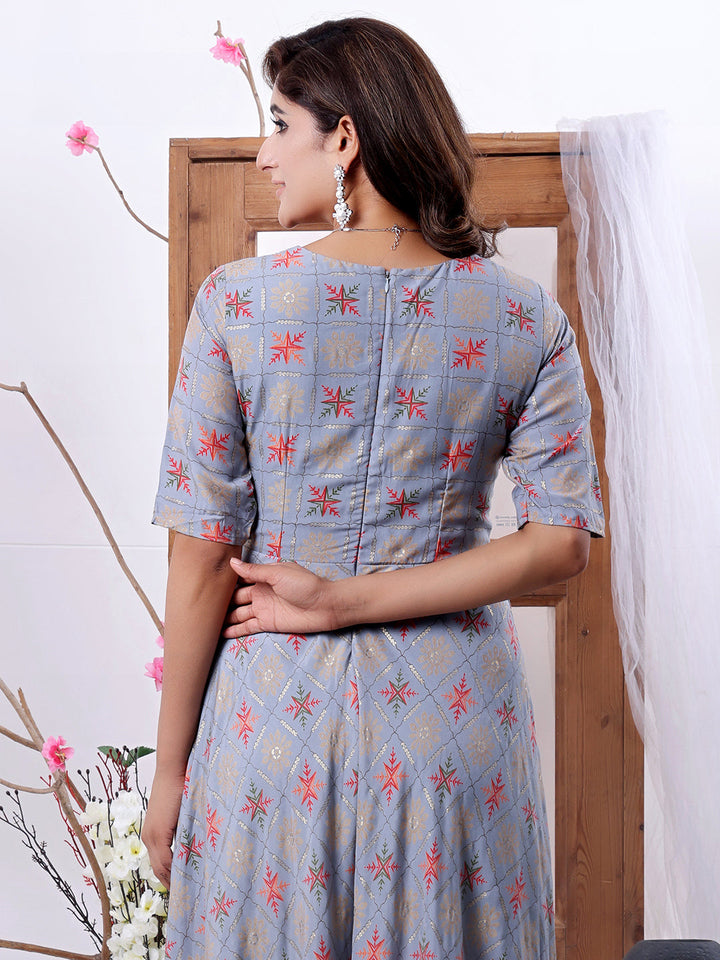 Blue-Muslin-Foil-Print-Floor-Length-Gown
