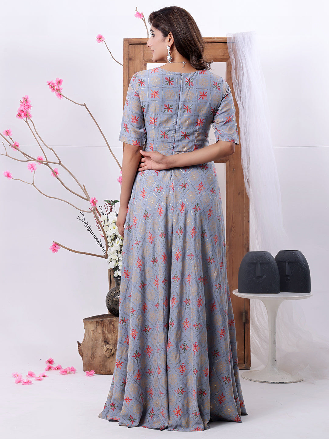 Blue-Muslin-Foil-Print-Floor-Length-Gown