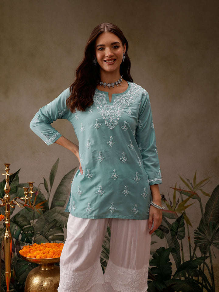 Blue Muslin Lucknowi Chikankari Tunic Only