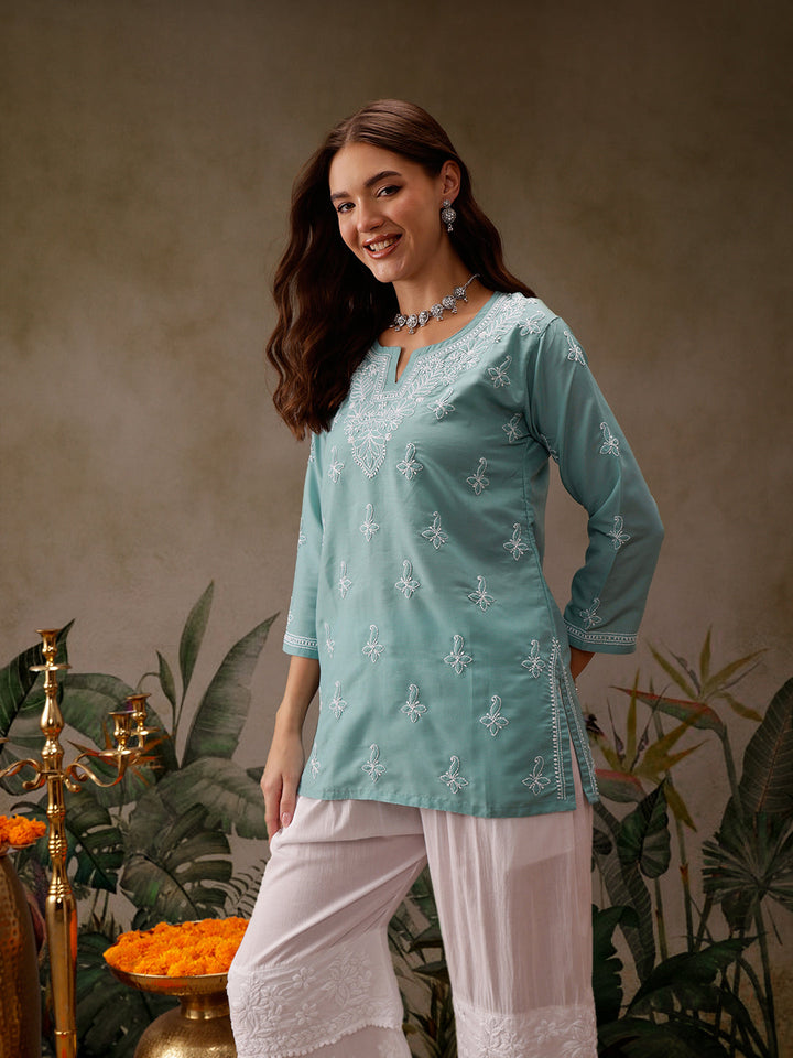 Blue Muslin Lucknowi Chikankari Tunic Only