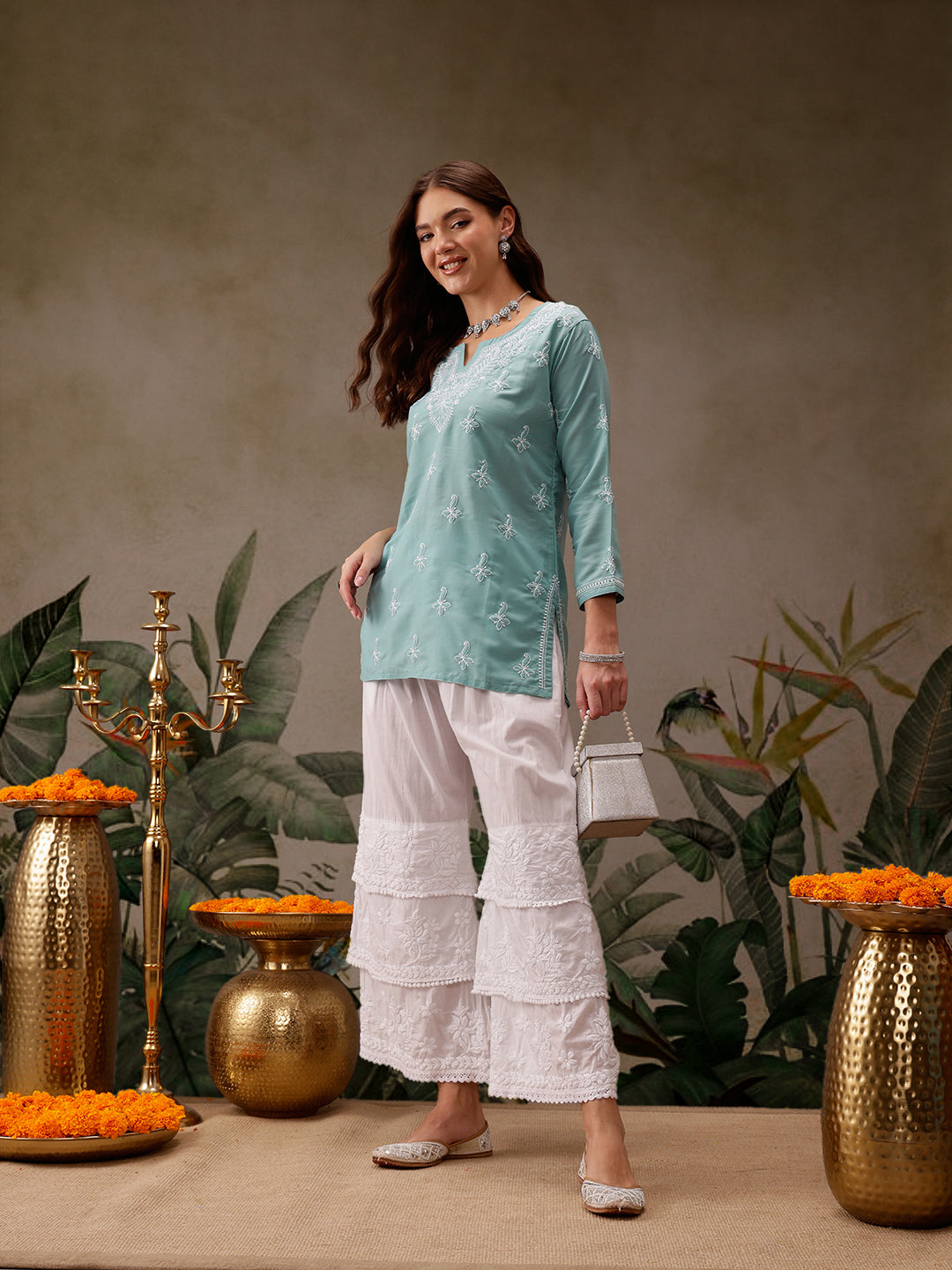 Blue Muslin Lucknowi Chikankari Tunic Only