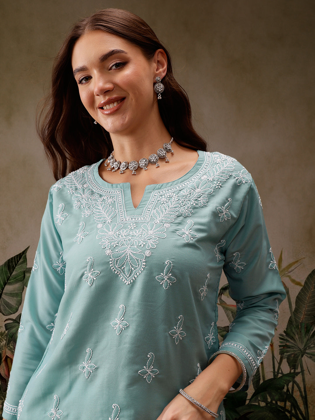 Blue Muslin Lucknowi Chikankari Tunic Only