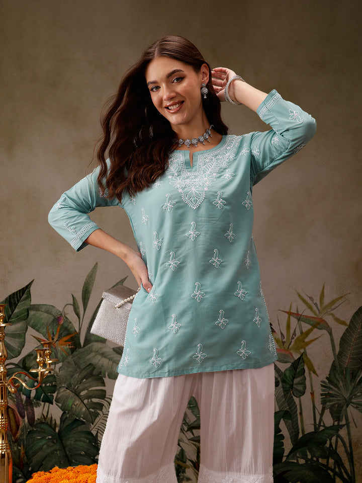 Blue Muslin Lucknowi Chikankari Tunic Only