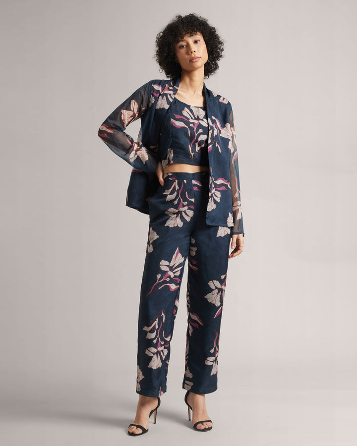 Blue Organza Floral Print Co-Ord Set