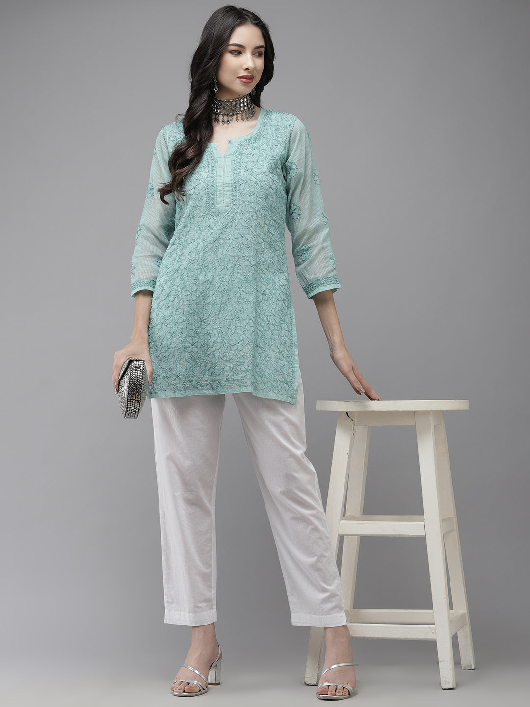 Blue Original Kota Chikankari Tunic With Slip