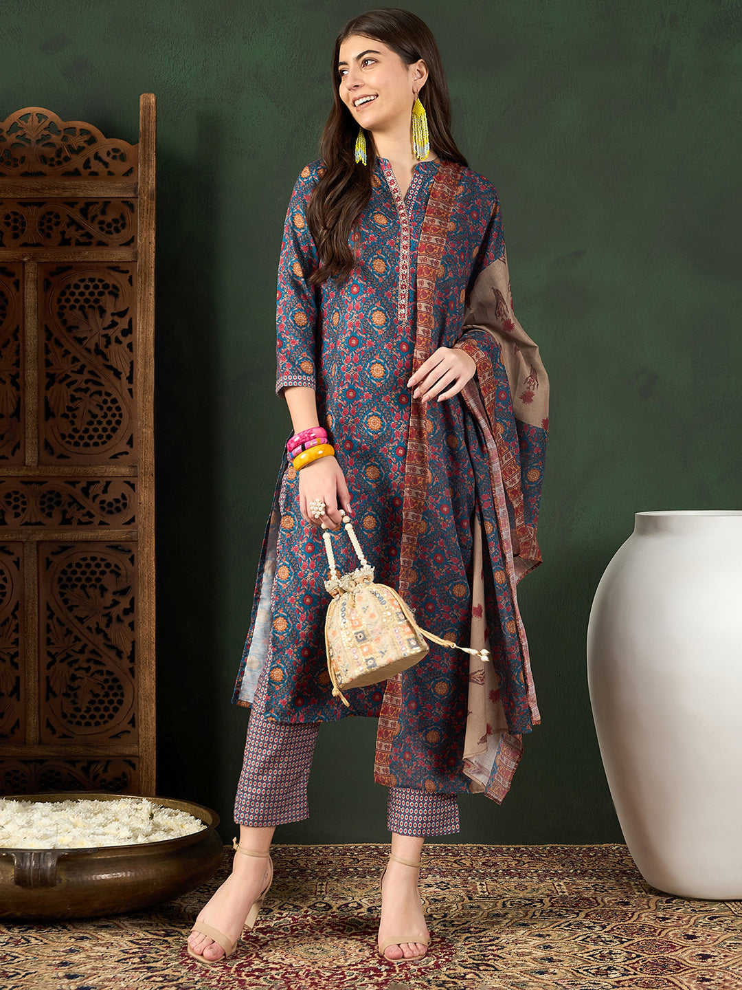 Blue-Poly-Rayon-Floral-Printed-3-Piece-Kurta-Set