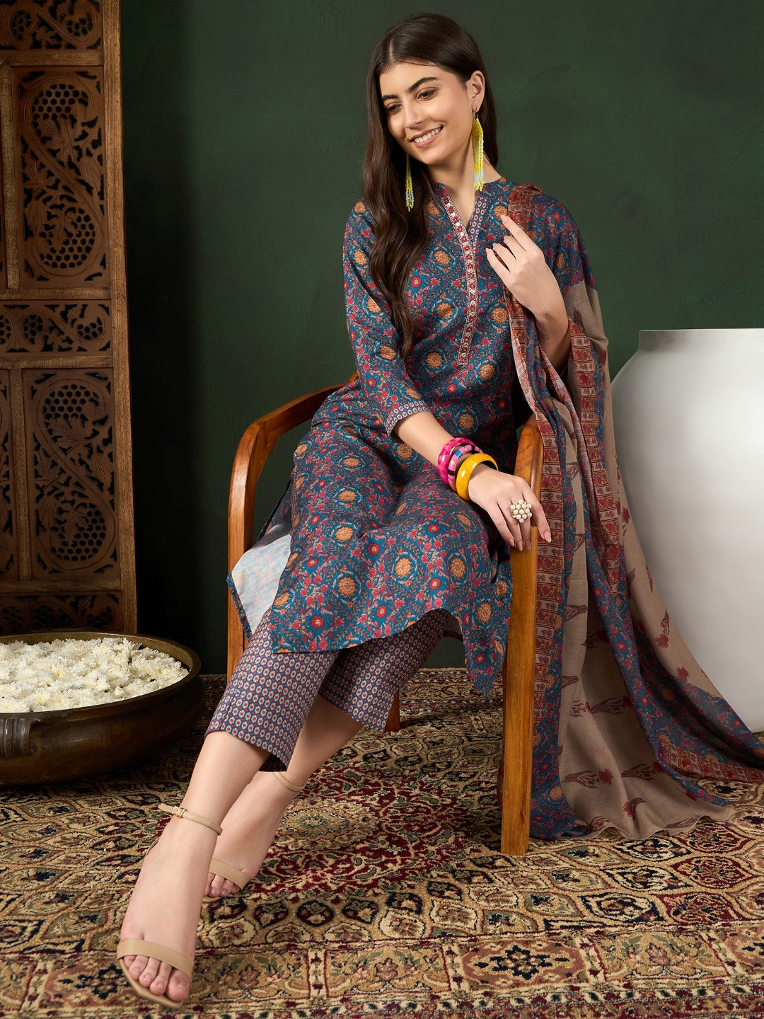 Blue-Poly-Rayon-Floral-Printed-3-Piece-Kurta-Set