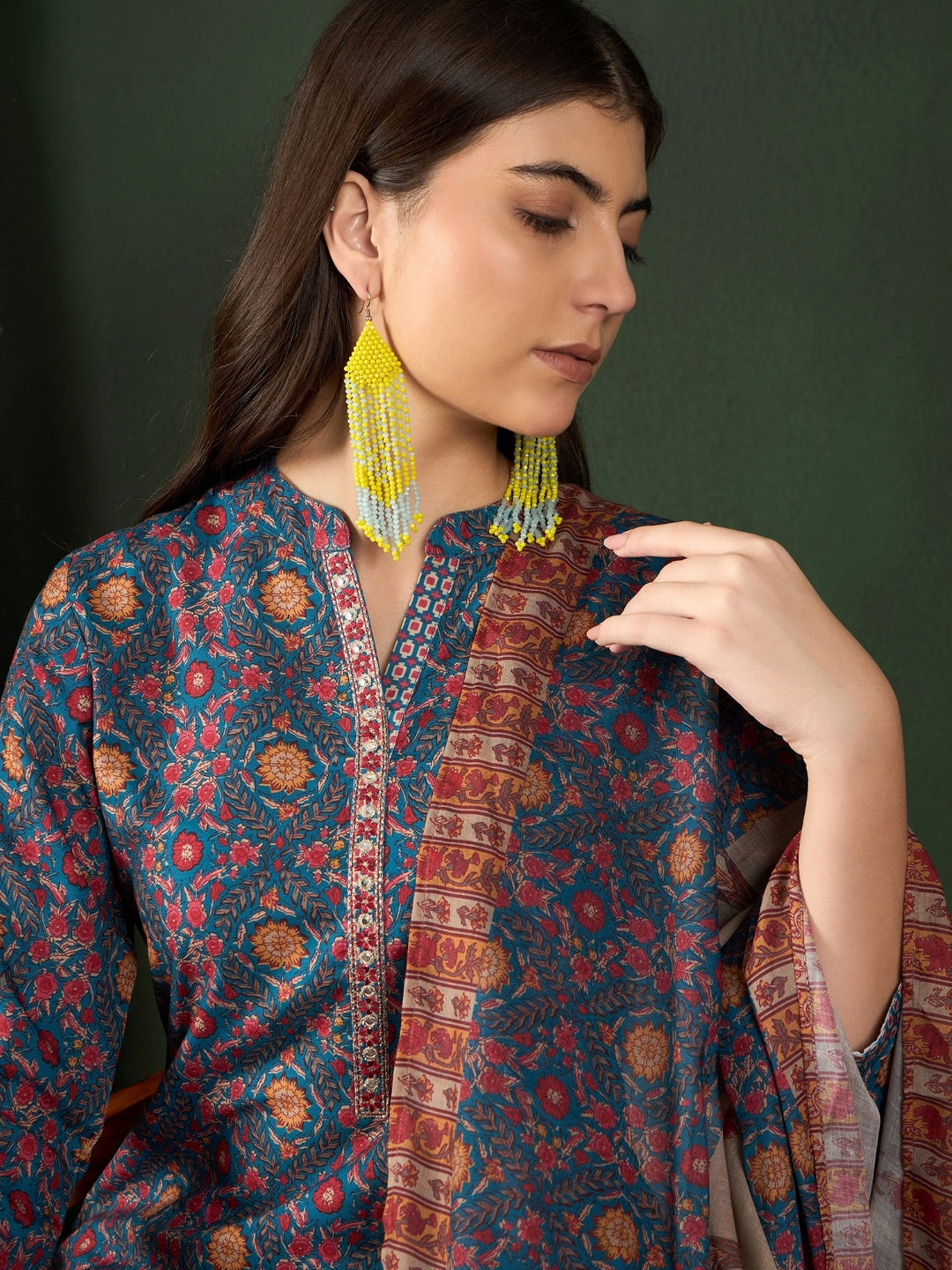 Blue-Poly-Rayon-Floral-Printed-3-Piece-Kurta-Set